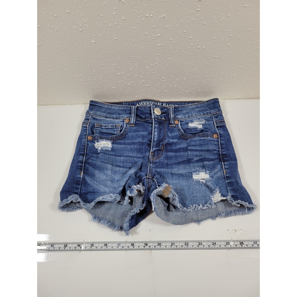 American Eagle Midi Jean Short Women 0 Blue Excellent Distressed Super Stretch X